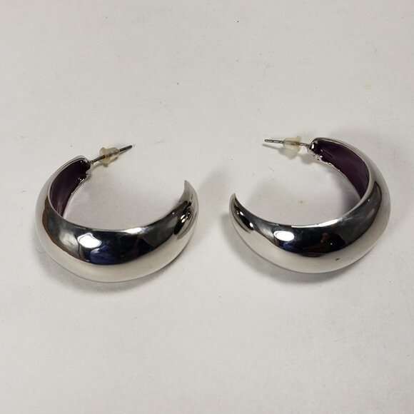 Women's Stylish Polished Silver tone Crescent / Half Hoop Drop Earrings, 1.25" - Picture 3 of 7